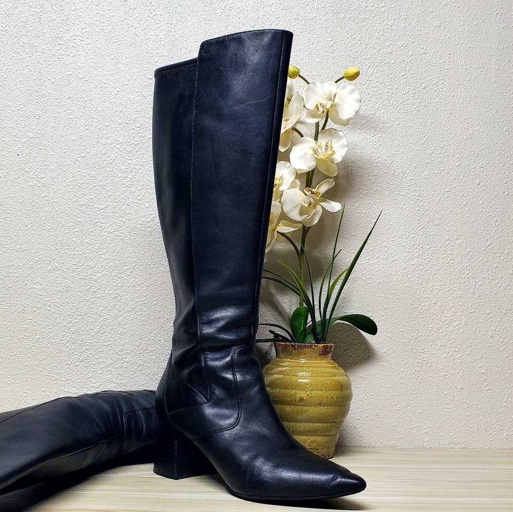 Marc Fisher Black Leather Knee High Block Heel Boots Size 10